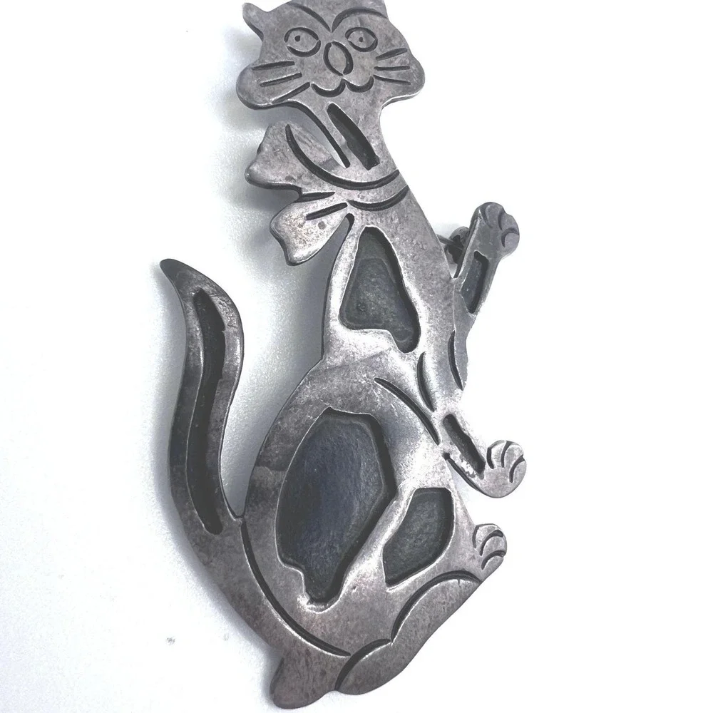 Vtg‎ Taxco Mexico Sterling Silver 925 Brooch Pin Cat Kitten Enamel 2.5